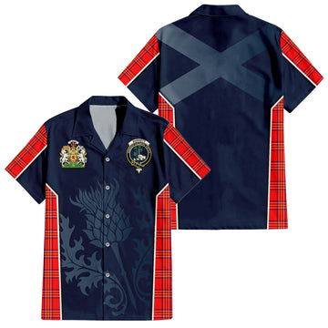 Burnett Modern Tartan Short Sleeve Button Up Shirt with Family Crest and Scottish Thistle Vibes Sport Style