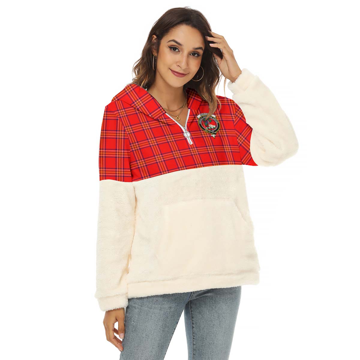 Burnett Modern Tartan Women's Borg Fleece Hoodie With Half Zip with Family Crest Female - Tartanvibesclothing