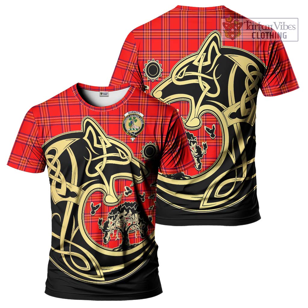Tartan Vibes Clothing Burnett Modern Tartan T-Shirt with Family Crest Celtic Wolf Style