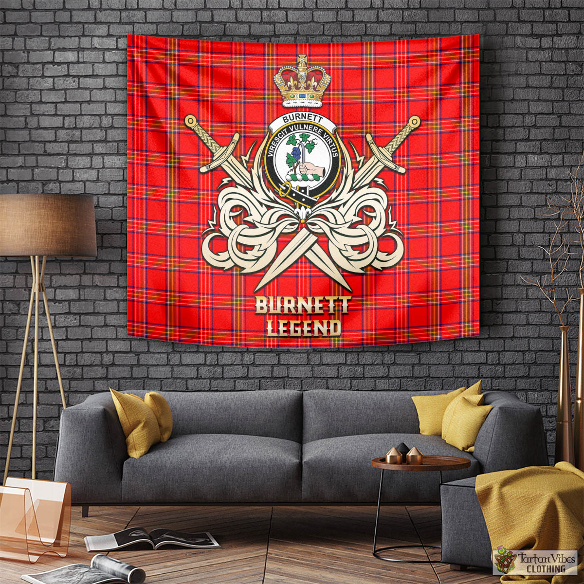 Tartan Vibes Clothing Burnett Modern Tartan Tapestry with Clan Crest and the Golden Sword of Courageous Legacy