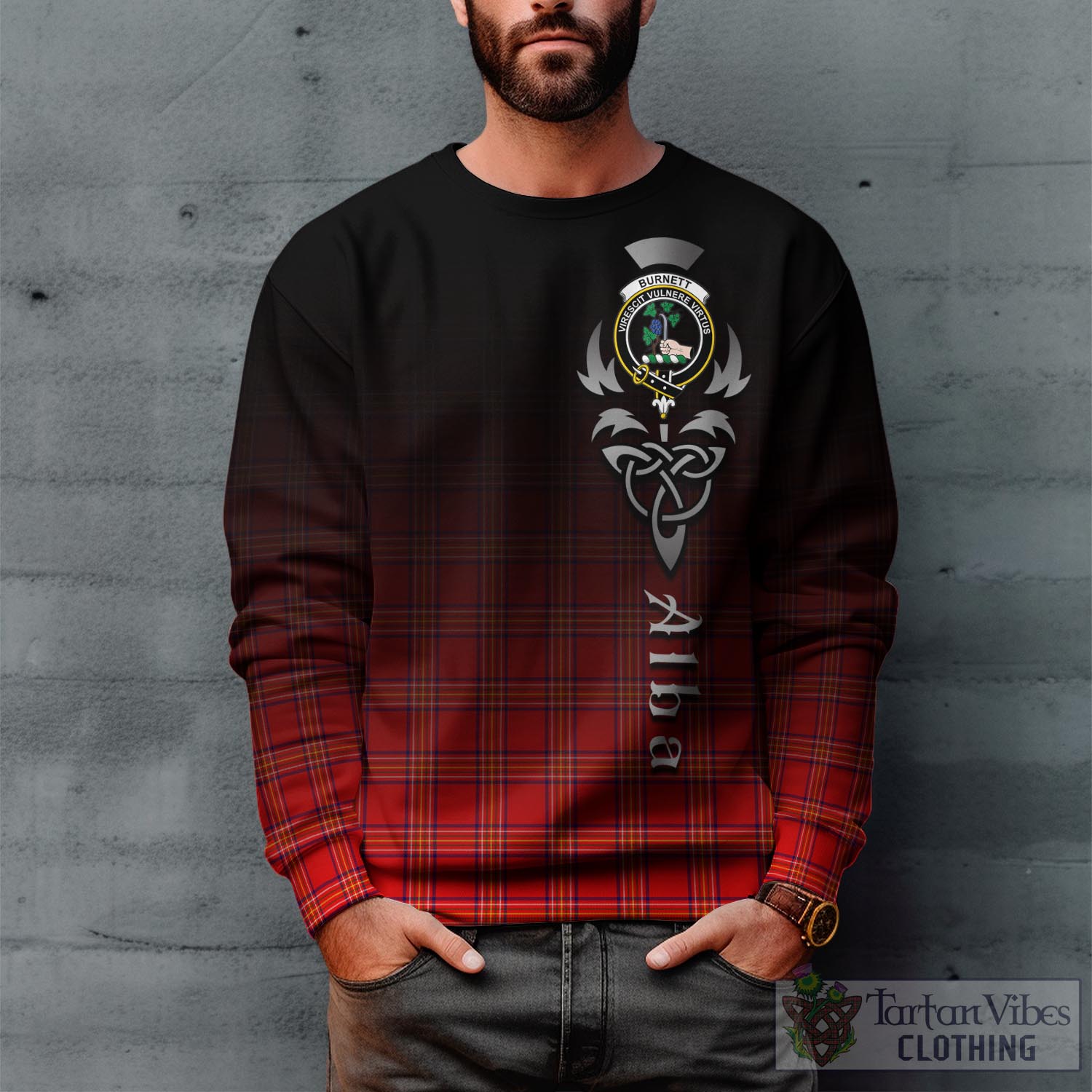 Tartan Vibes Clothing Burnett Modern Tartan Sweatshirt Featuring Alba Gu Brath Family Crest Celtic Inspired