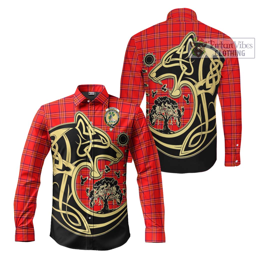 Tartan Vibes Clothing Burnett Modern Tartan Long Sleeve Button Shirt with Family Crest Celtic Wolf Style