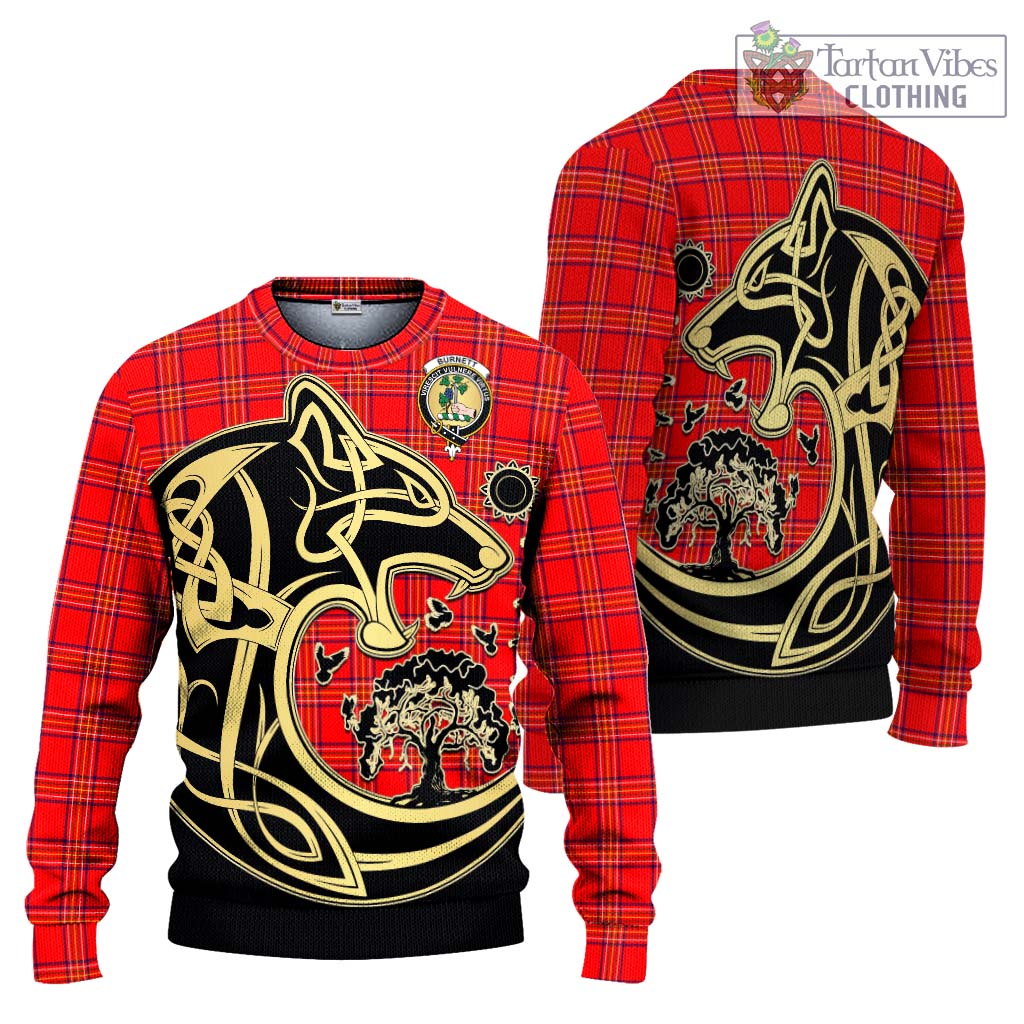 Tartan Vibes Clothing Burnett Modern Tartan Knitted Sweater with Family Crest Celtic Wolf Style