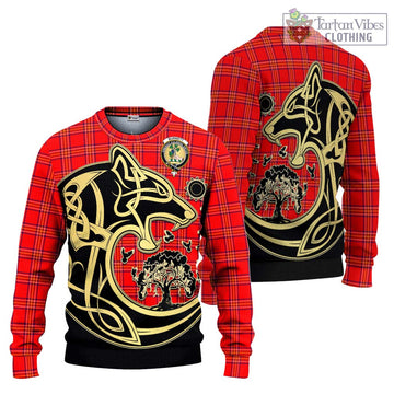Burnett Modern Tartan Knitted Sweater with Family Crest Celtic Wolf Style