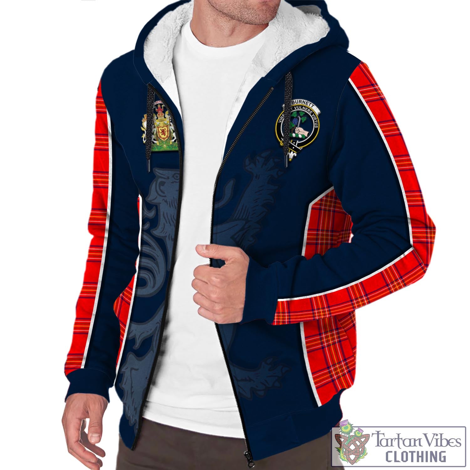 Tartan Vibes Clothing Burnett Modern Tartan Sherpa Hoodie with Family Crest and Lion Rampant Vibes Sport Style