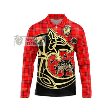Burnett Modern Tartan Long Sleeve Polo Shirt with Family Crest Celtic Wolf Style
