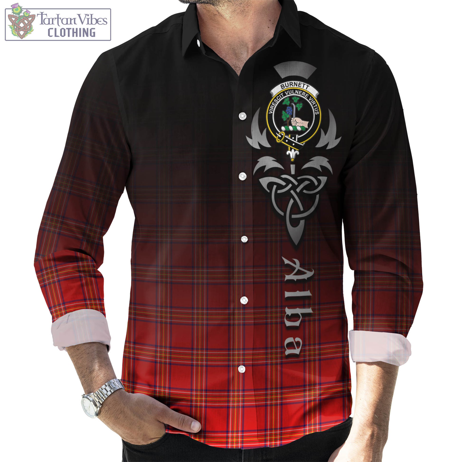 Tartan Vibes Clothing Burnett Modern Tartan Long Sleeve Button Up Featuring Alba Gu Brath Family Crest Celtic Inspired