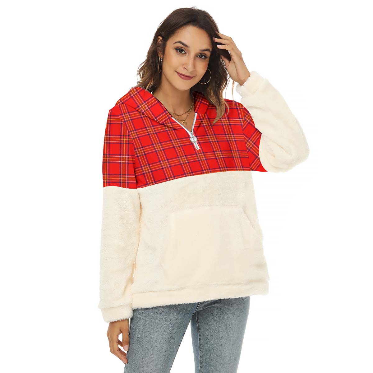 Burnett Modern Tartan Women's Borg Fleece Hoodie With Half Zip Female - Tartan Vibes Clothing