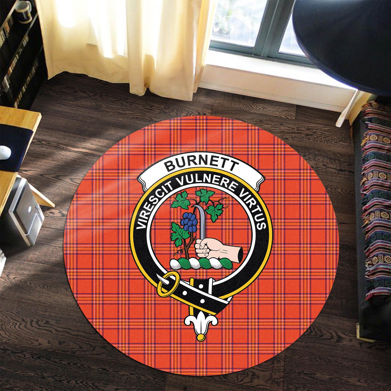 Burnett Modern Tartan Round Rug with Family Crest - Tartanvibesclothing