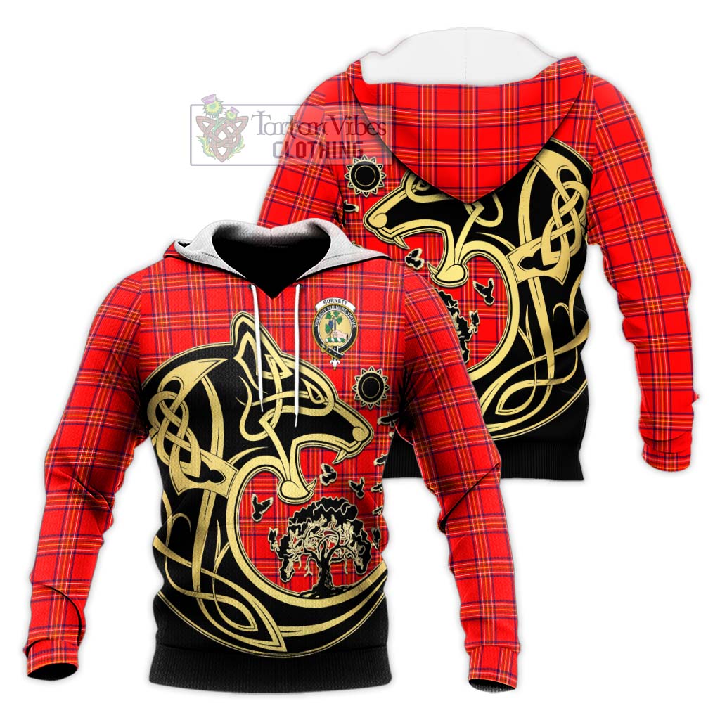 Tartan Vibes Clothing Burnett Modern Tartan Knitted Hoodie with Family Crest Celtic Wolf Style