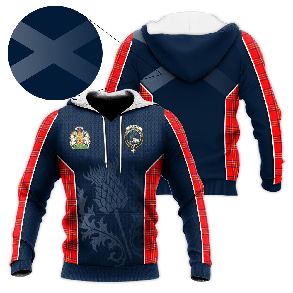 Tartan Vibes Clothing Burnett Modern Tartan Knitted Hoodie with Family Crest and Scottish Thistle Vibes Sport Style