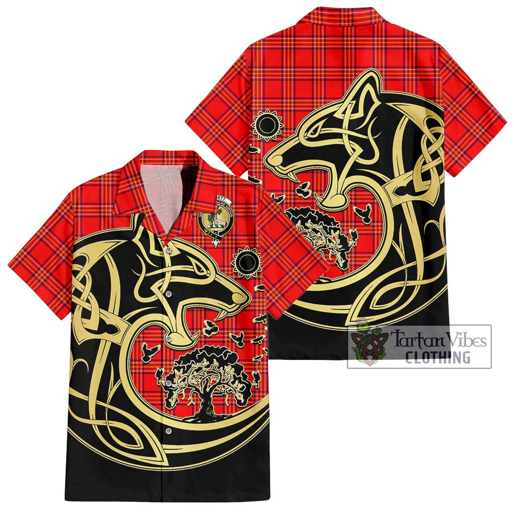 Burnett Modern Tartan Short Sleeve Button Shirt with Family Crest Celtic Wolf Style Kid - Tartan Vibes Clothing