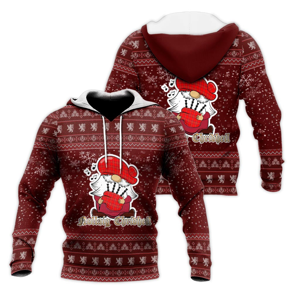 Burnett Modern Clan Christmas Knitted Hoodie with Funny Gnome Playing Bagpipes Red - Tartanvibesclothing