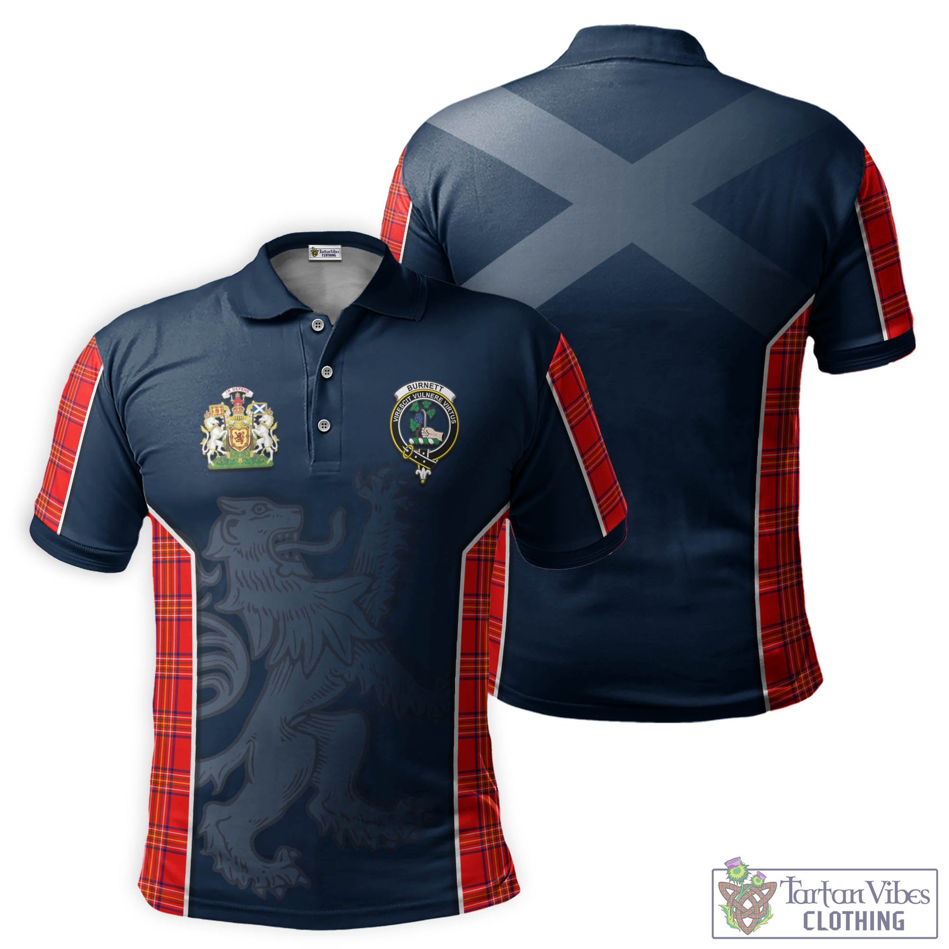 Tartan Vibes Clothing Burnett Modern Tartan Men's Polo Shirt with Family Crest and Lion Rampant Vibes Sport Style