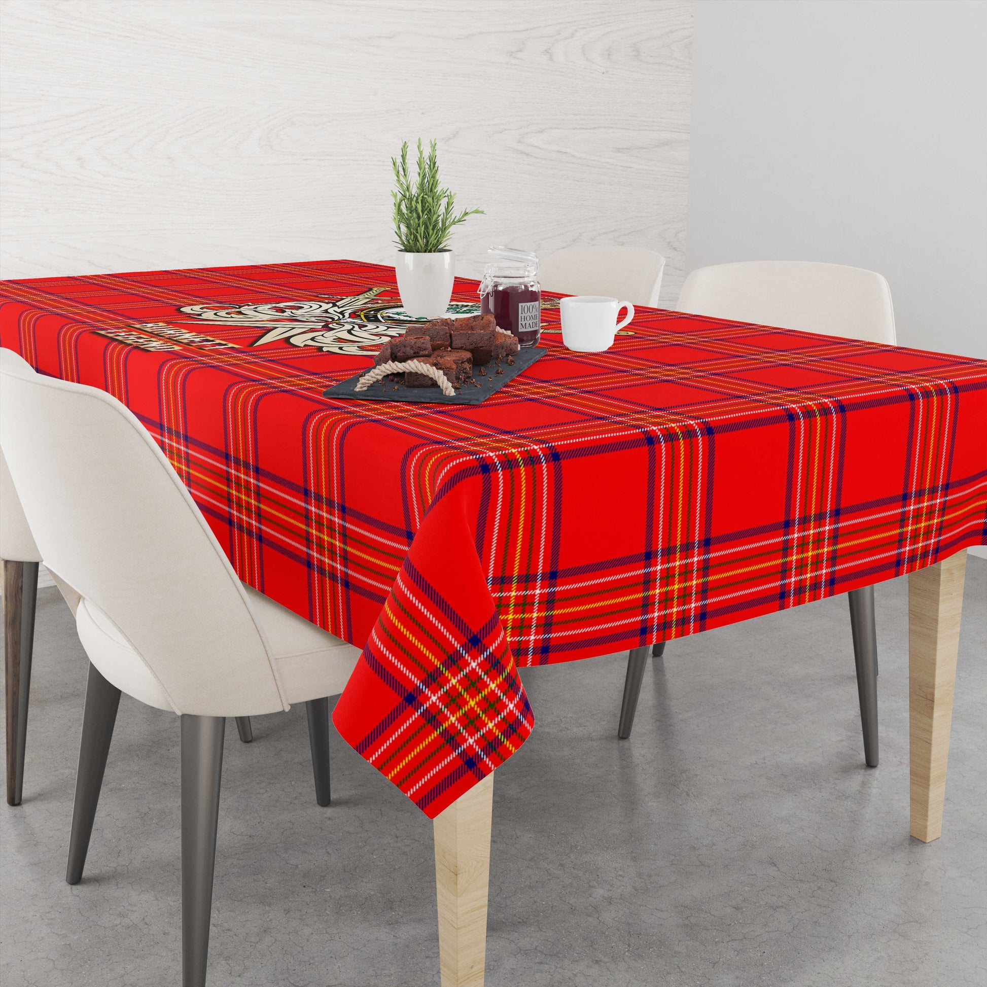 Tartan Vibes Clothing Burnett Modern Tartan Tablecloth with Clan Crest and the Golden Sword of Courageous Legacy