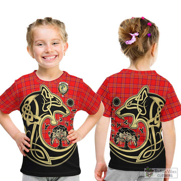 Burnett Modern Tartan Kid T-Shirt with Family Crest Celtic Wolf Style