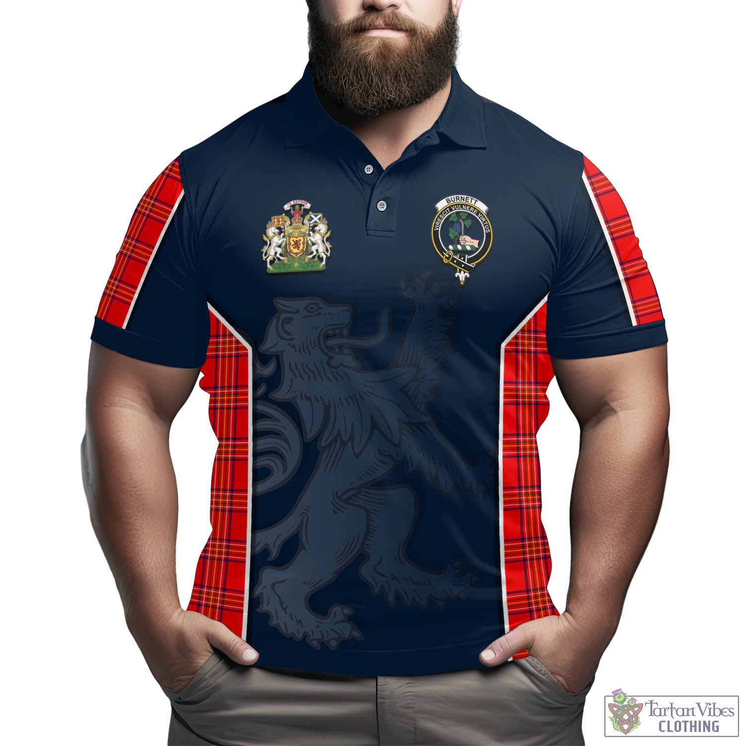 Tartan Vibes Clothing Burnett Modern Tartan Men's Polo Shirt with Family Crest and Lion Rampant Vibes Sport Style