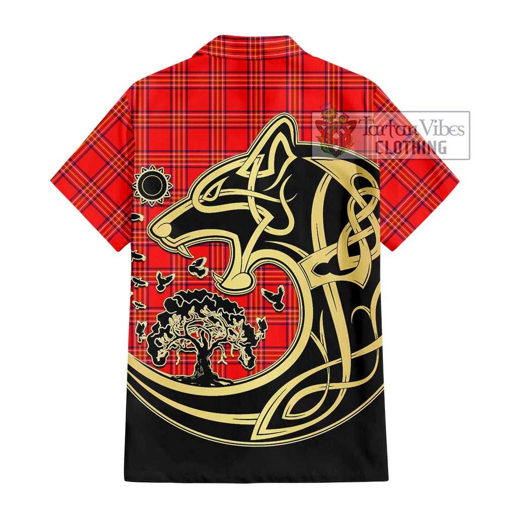 Burnett Modern Tartan Short Sleeve Button Shirt with Family Crest Celtic Wolf Style - Tartan Vibes Clothing