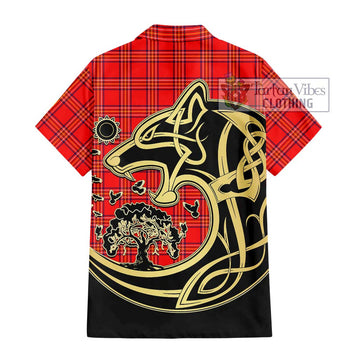 Burnett Modern Tartan Short Sleeve Button Shirt with Family Crest Celtic Wolf Style