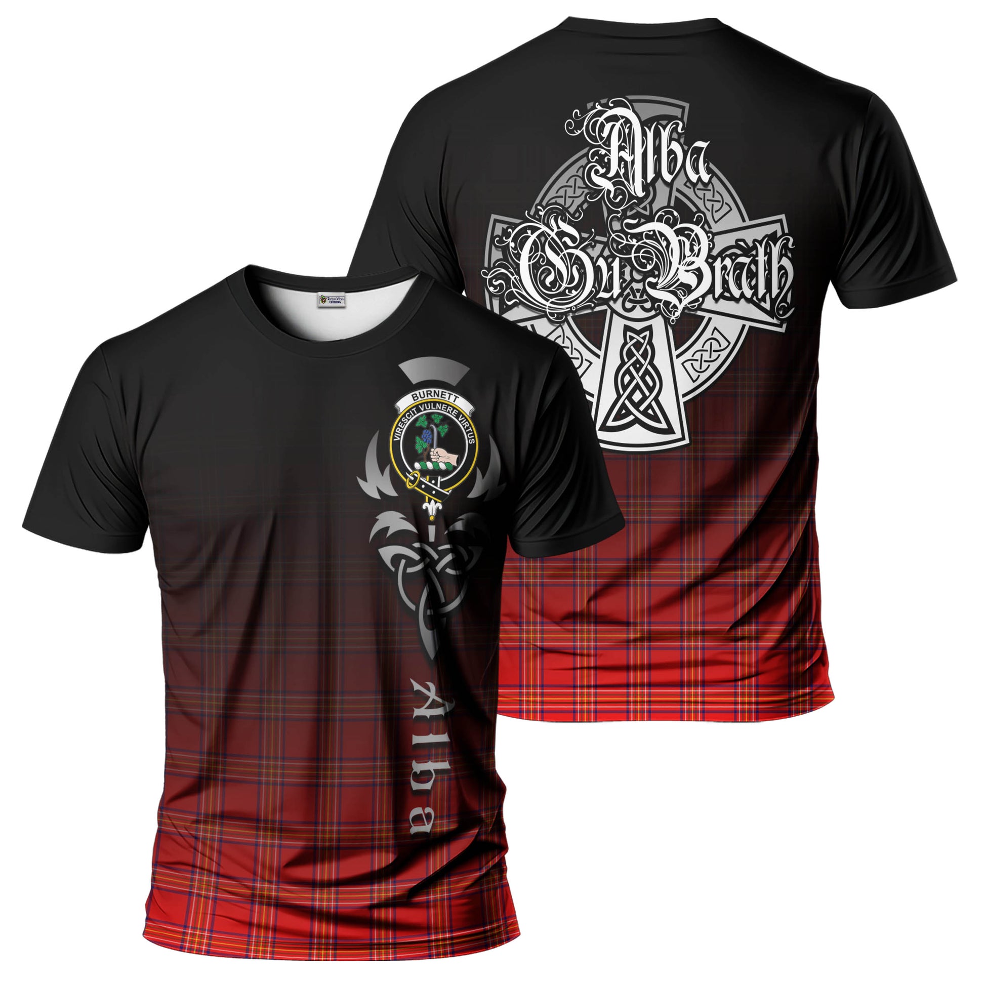 Tartan Vibes Clothing Burnett Modern Tartan T-Shirt Featuring Alba Gu Brath Family Crest Celtic Inspired