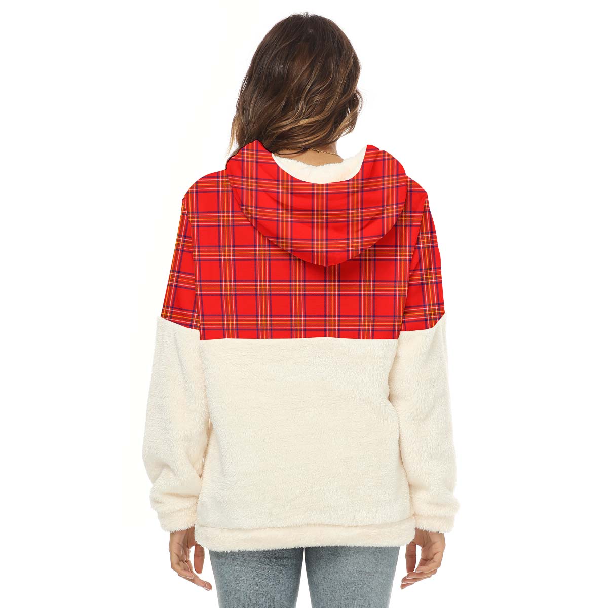 Burnett Modern Tartan Women's Borg Fleece Hoodie With Half Zip with Family Crest - Tartanvibesclothing