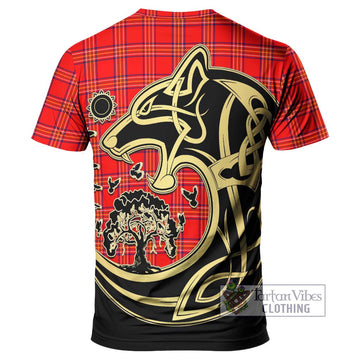 Burnett Modern Tartan T-Shirt with Family Crest Celtic Wolf Style