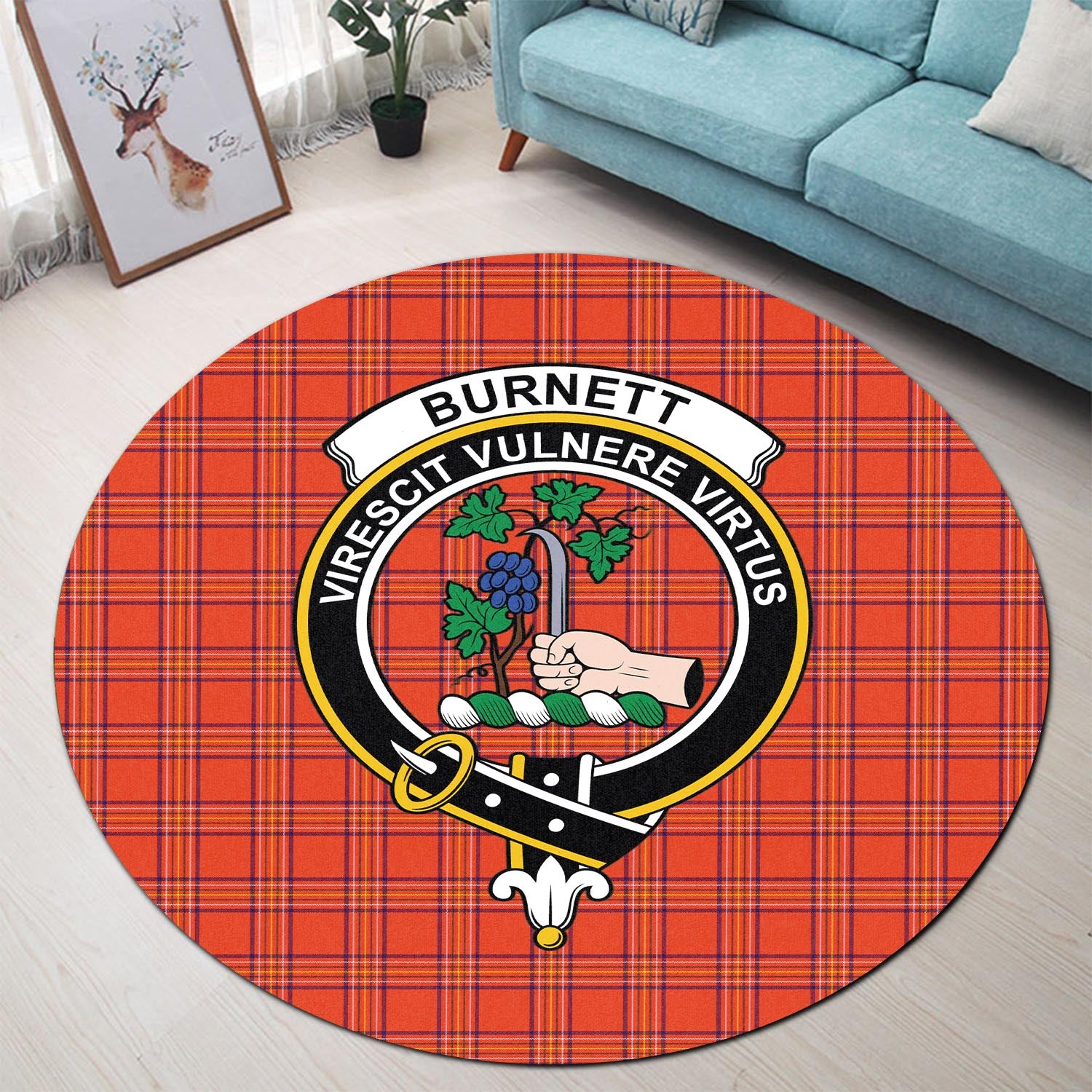 Burnett Modern Tartan Round Rug with Family Crest - Tartanvibesclothing