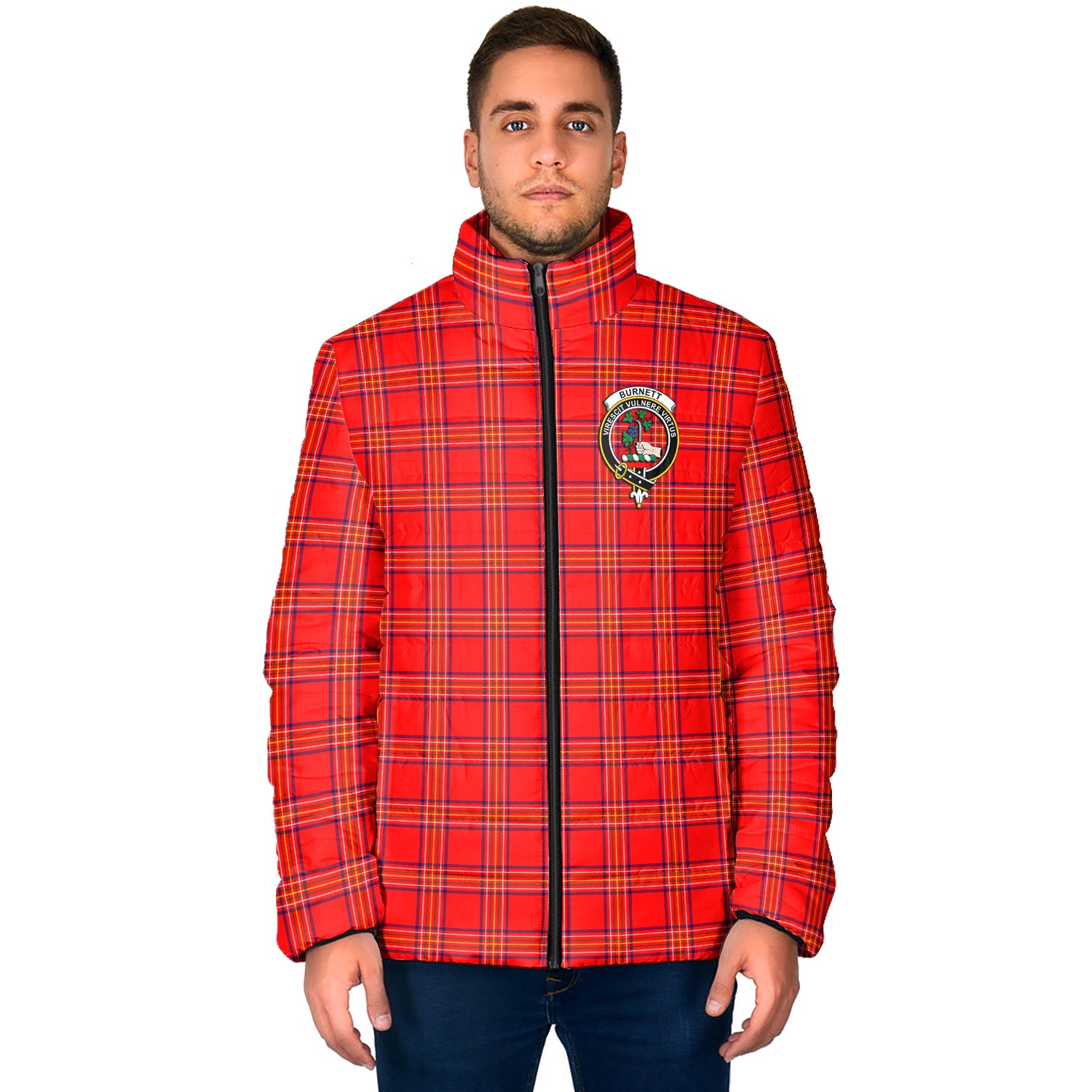 Burnett Modern Tartan Padded Jacket with Family Crest - Tartan Vibes Clothing