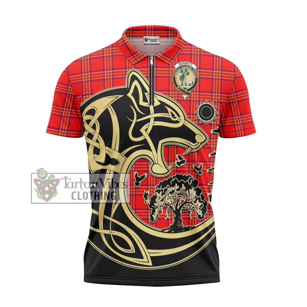 Burnett Modern Tartan Zipper Polo Shirt with Family Crest Celtic Wolf Style - Tartanvibesclothing Shop