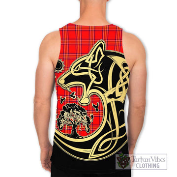 Burnett Modern Tartan Men's Tank Top with Family Crest Celtic Wolf Style