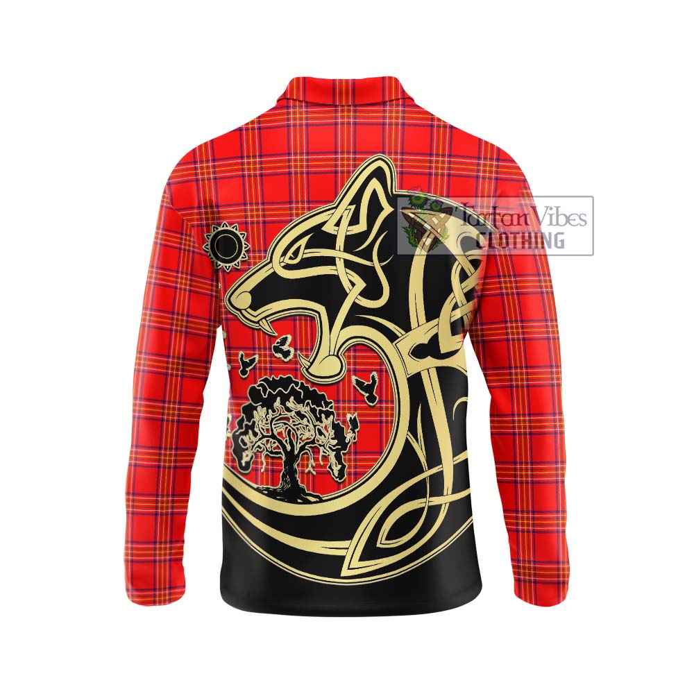 Burnett Modern Tartan Long Sleeve Polo Shirt with Family Crest Celtic Wolf Style - Tartanvibesclothing Shop