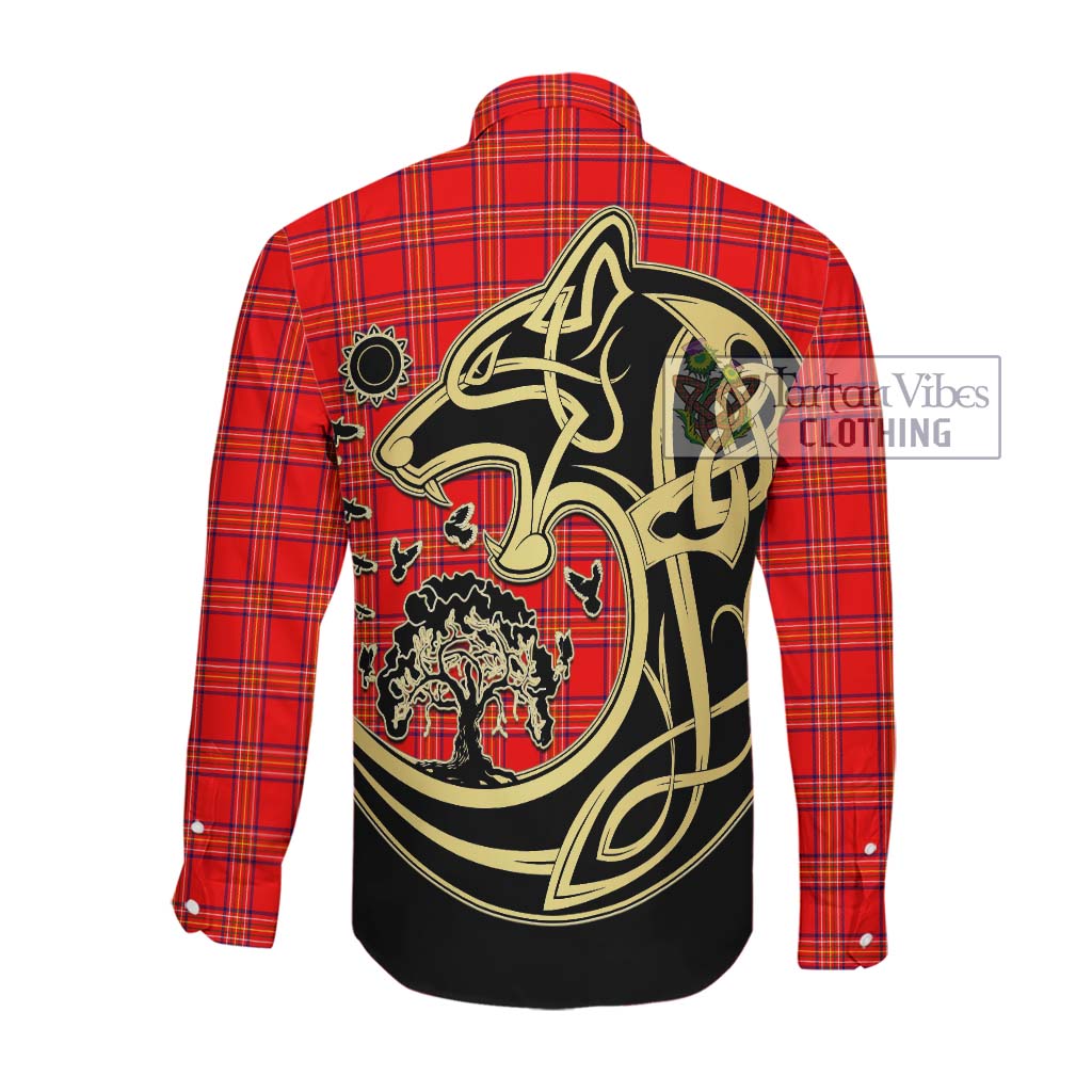 Tartan Vibes Clothing Burnett Modern Tartan Long Sleeve Button Shirt with Family Crest Celtic Wolf Style