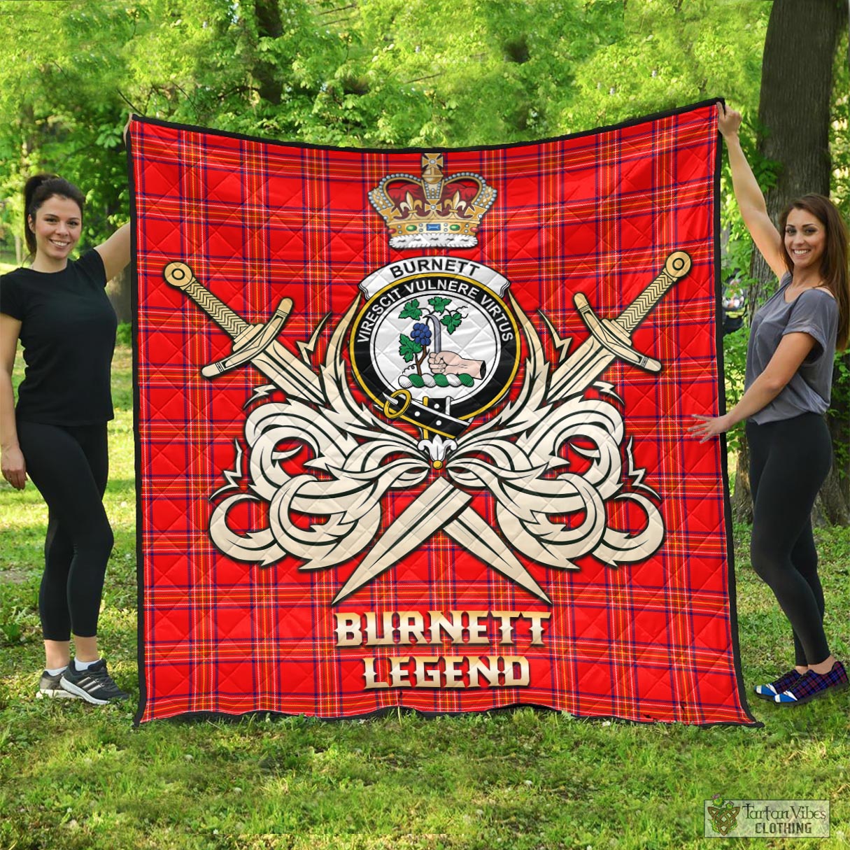 Tartan Vibes Clothing Burnett Modern Tartan Quilt with Clan Crest and the Golden Sword of Courageous Legacy