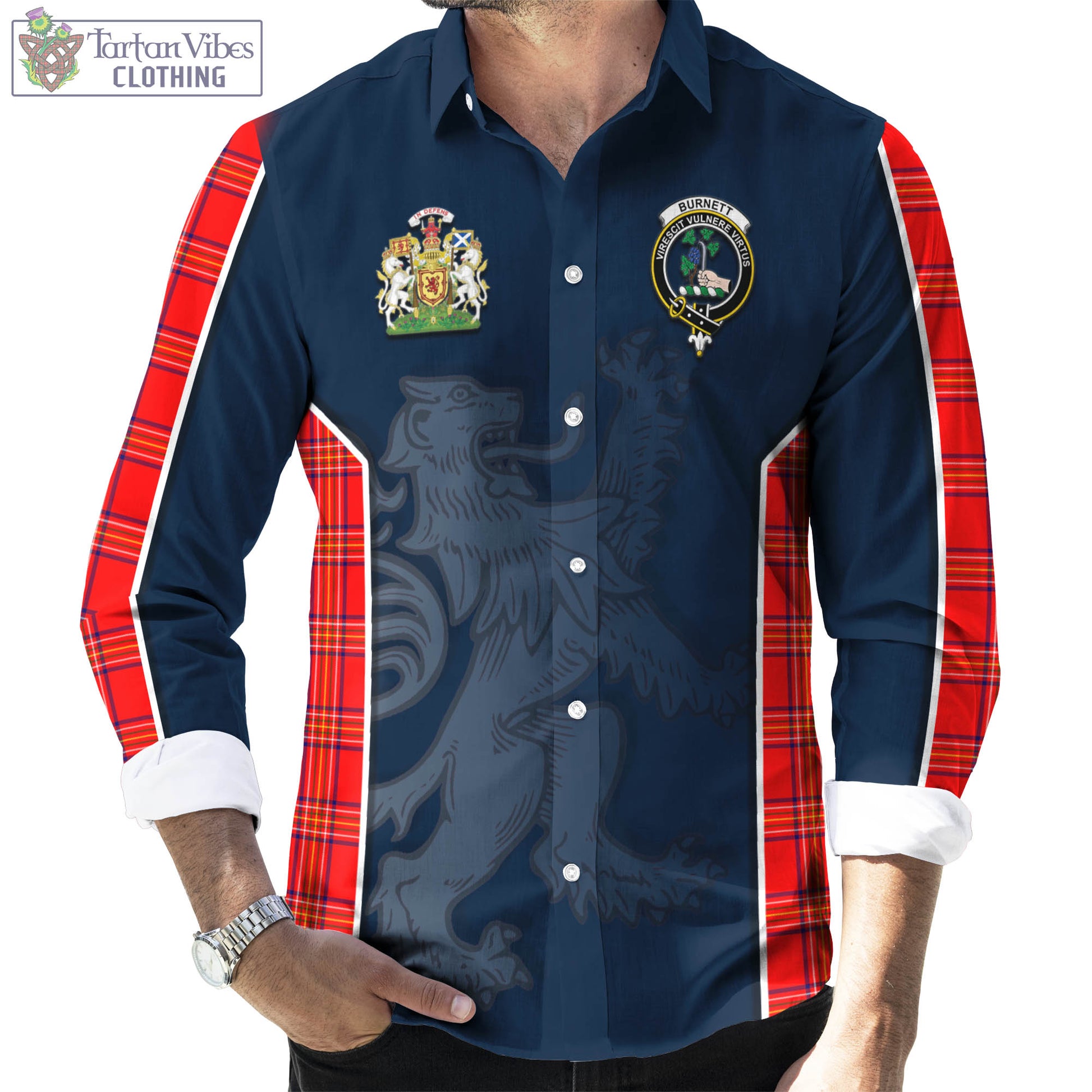 Tartan Vibes Clothing Burnett Modern Tartan Long Sleeve Button Up Shirt with Family Crest and Lion Rampant Vibes Sport Style