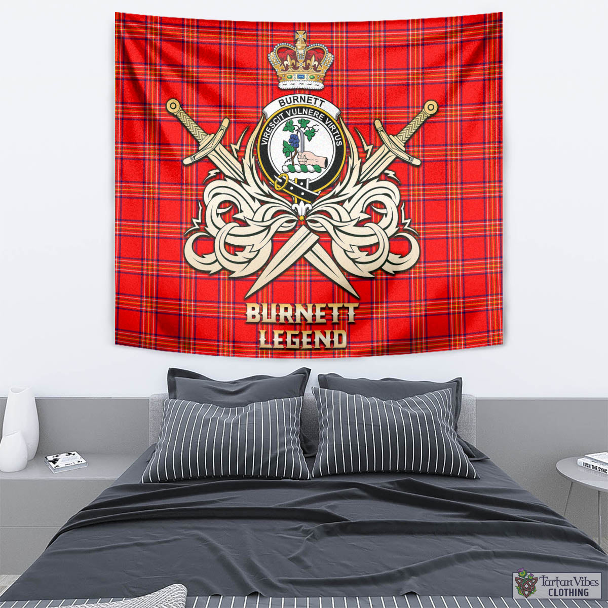Tartan Vibes Clothing Burnett Modern Tartan Tapestry with Clan Crest and the Golden Sword of Courageous Legacy