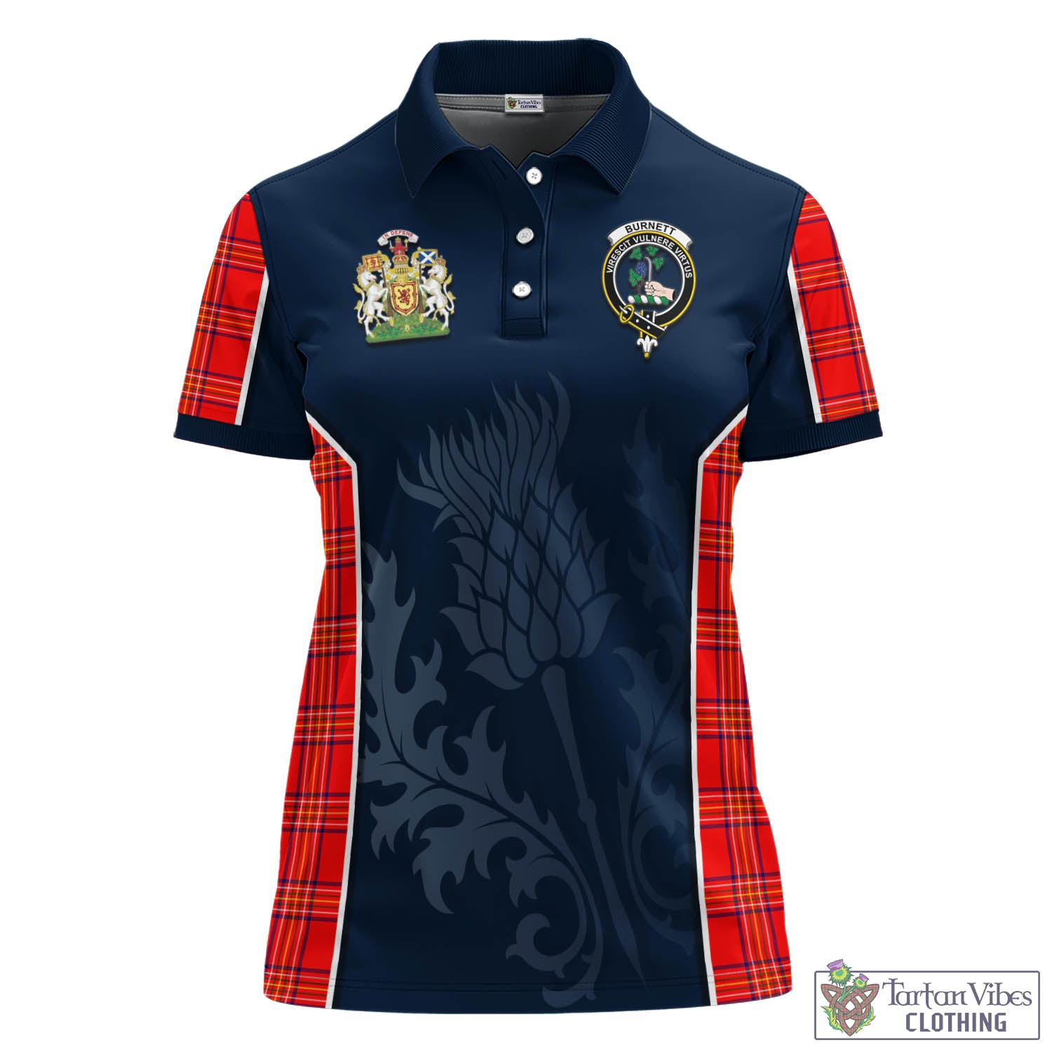 Tartan Vibes Clothing Burnett Modern Tartan Women's Polo Shirt with Family Crest and Scottish Thistle Vibes Sport Style