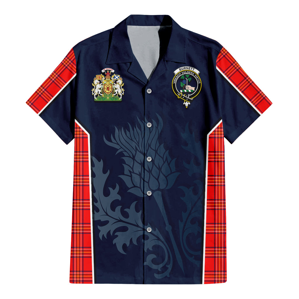 Tartan Vibes Clothing Burnett Modern Tartan Short Sleeve Button Up Shirt with Family Crest and Scottish Thistle Vibes Sport Style