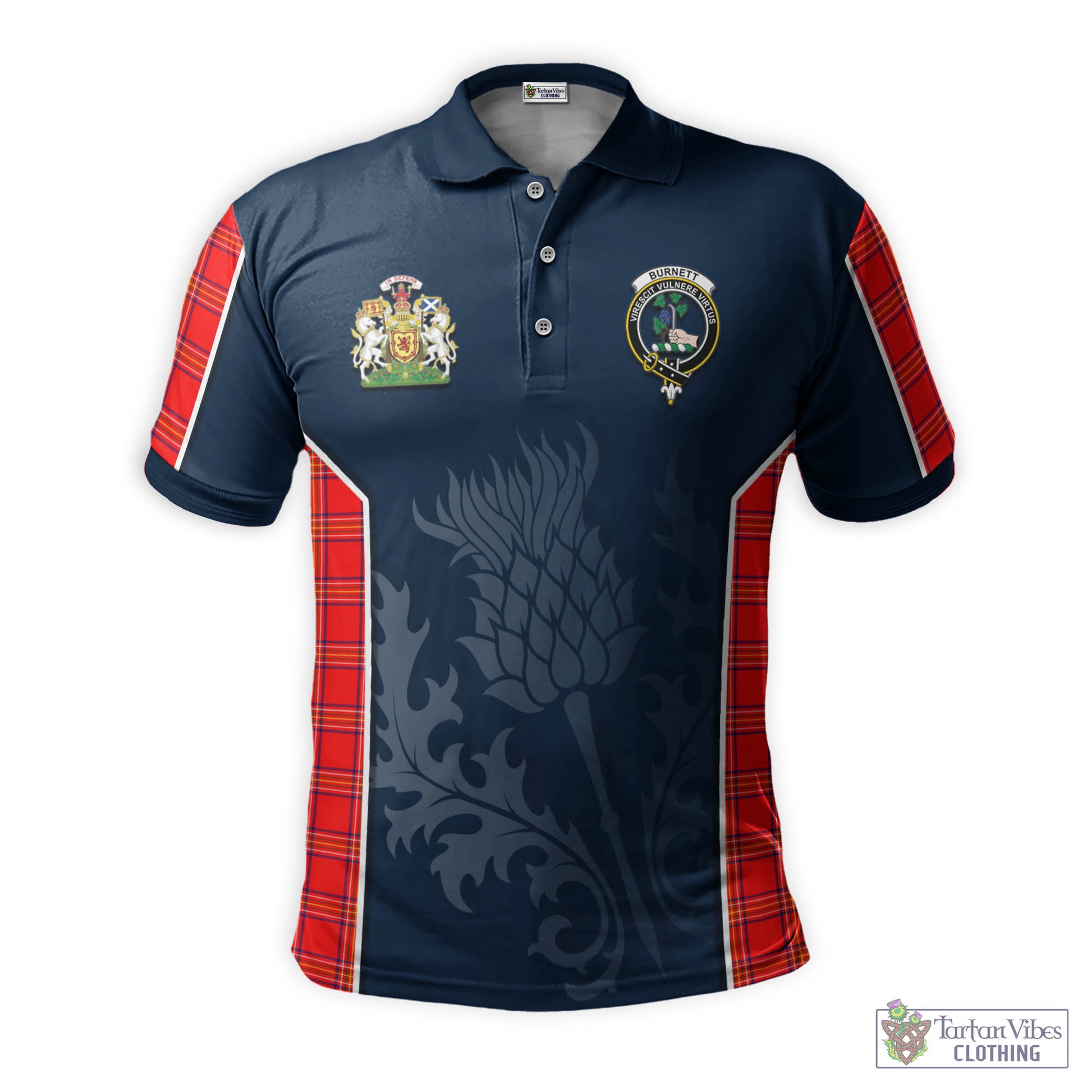 Tartan Vibes Clothing Burnett Modern Tartan Men's Polo Shirt with Family Crest and Scottish Thistle Vibes Sport Style