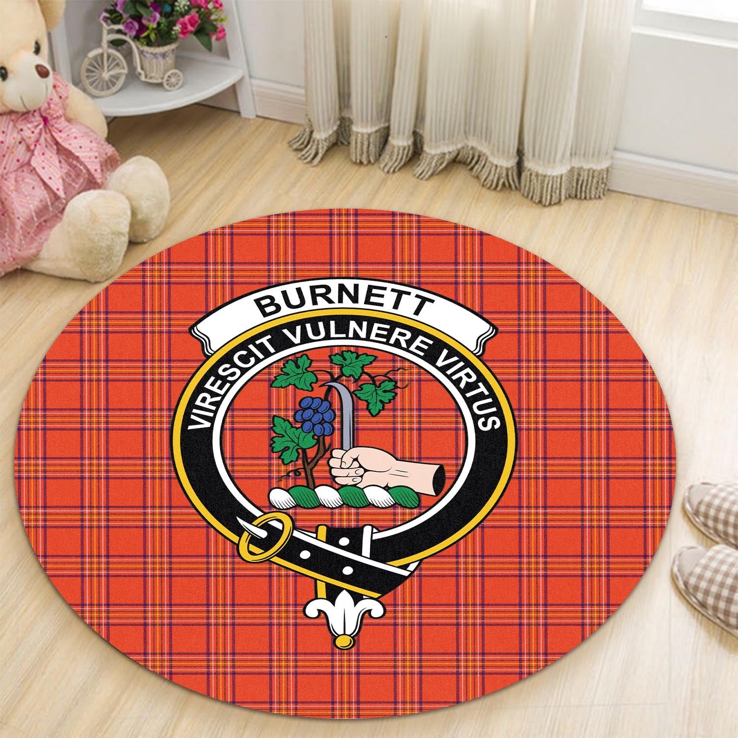 Burnett Modern Tartan Round Rug with Family Crest - Tartanvibesclothing