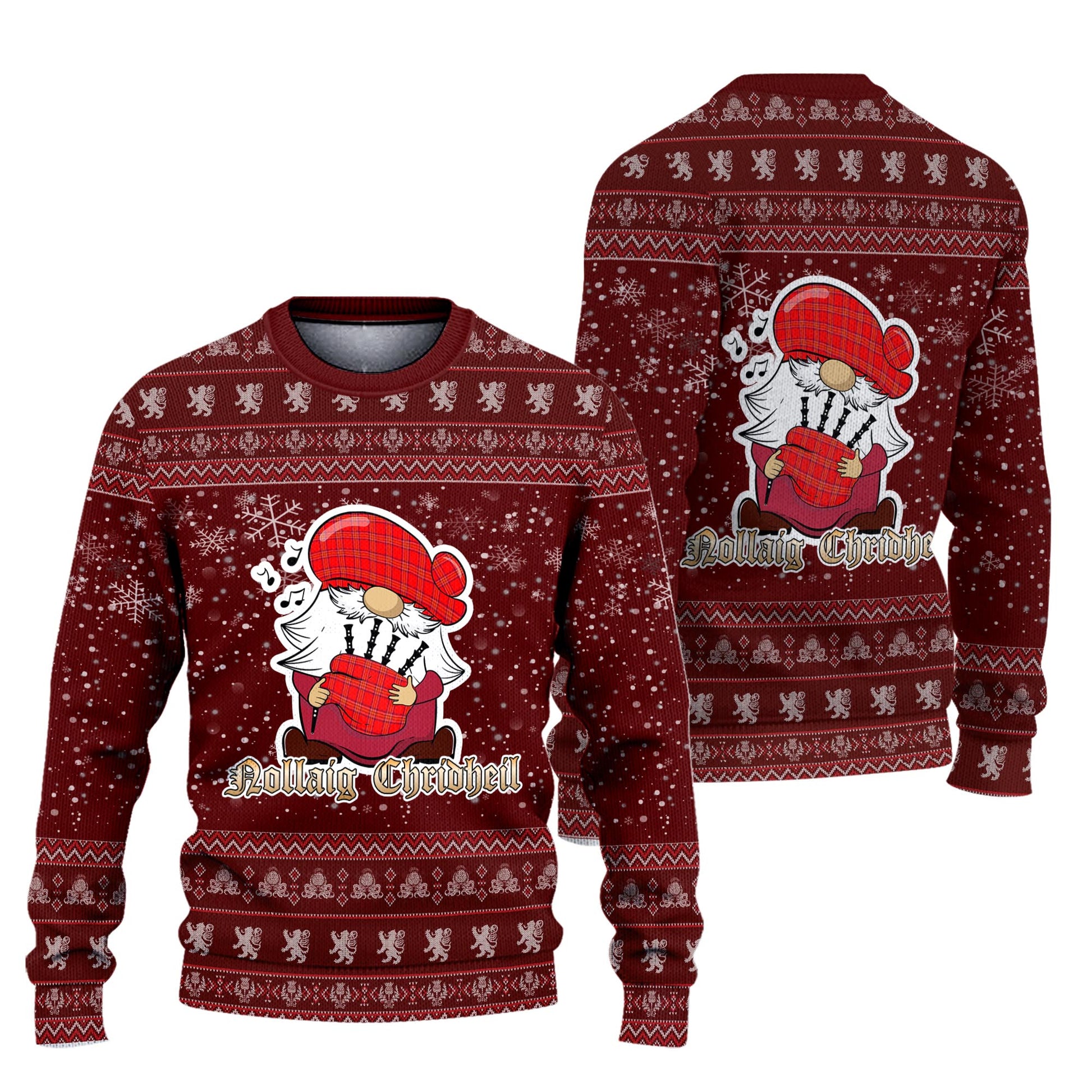 Burnett Modern Clan Christmas Family Knitted Sweater with Funny Gnome Playing Bagpipes Unisex Red - Tartanvibesclothing