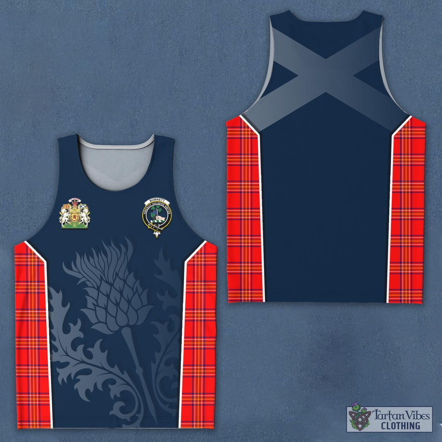 Tartan Vibes Clothing Burnett Modern Tartan Men's Tanks Top with Family Crest and Scottish Thistle Vibes Sport Style