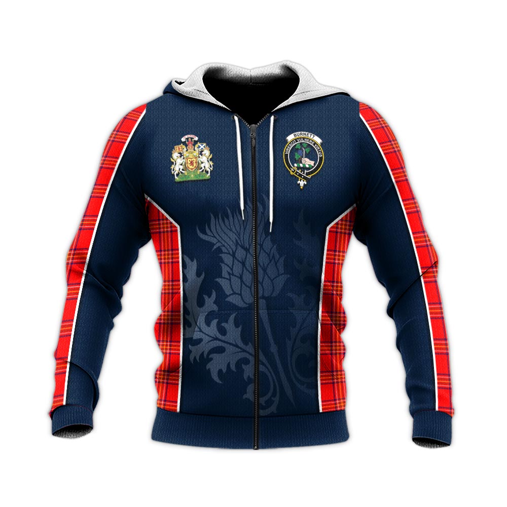 Tartan Vibes Clothing Burnett Modern Tartan Knitted Hoodie with Family Crest and Scottish Thistle Vibes Sport Style