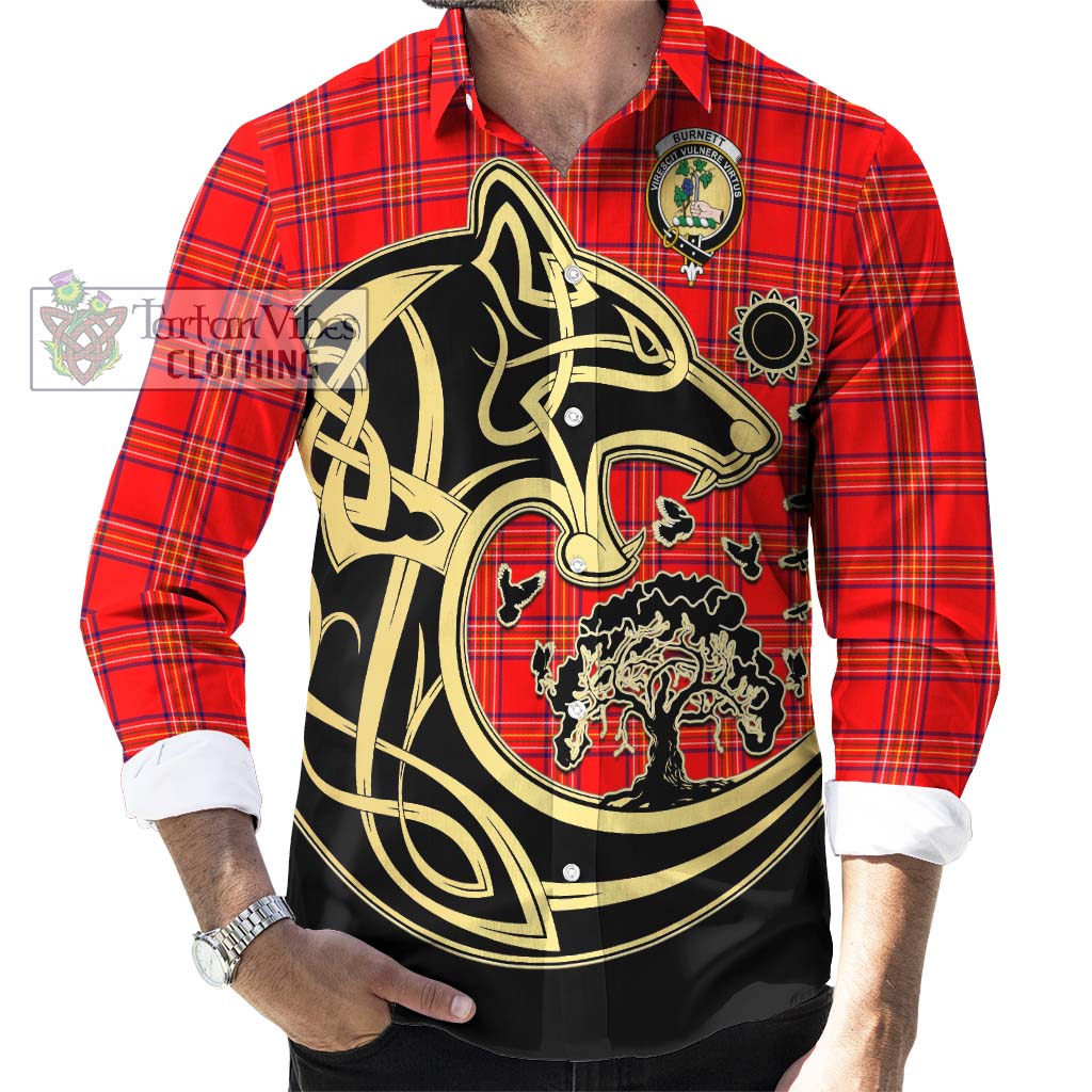 Tartan Vibes Clothing Burnett Modern Tartan Long Sleeve Button Shirt with Family Crest Celtic Wolf Style