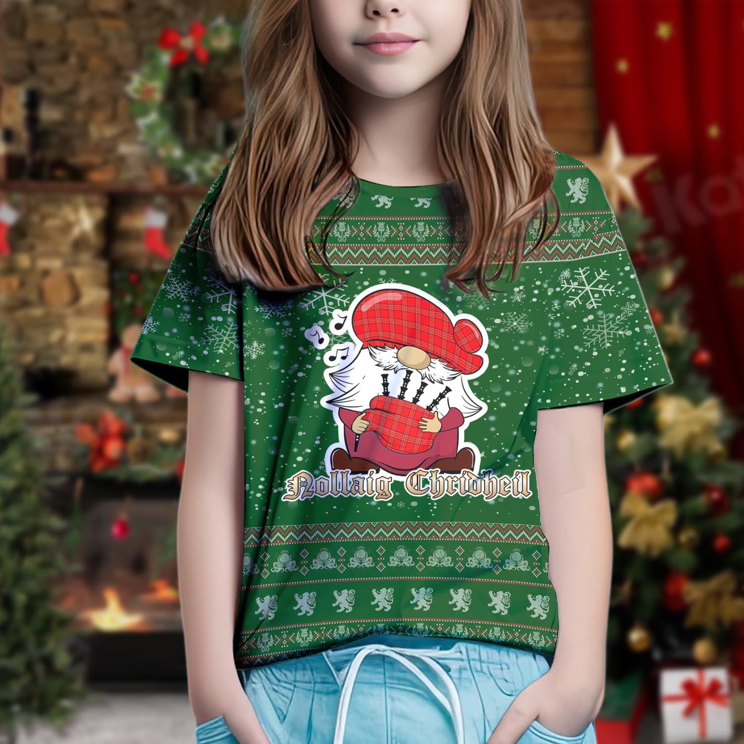 Burnett Modern Clan Christmas Family T-Shirt with Funny Gnome Playing Bagpipes Kid's Shirt Green - Tartanvibesclothing