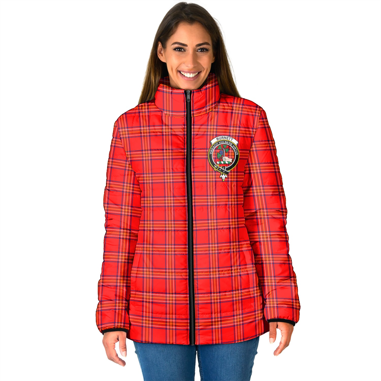 Burnett Modern Tartan Padded Jacket with Family Crest - Tartan Vibes Clothing