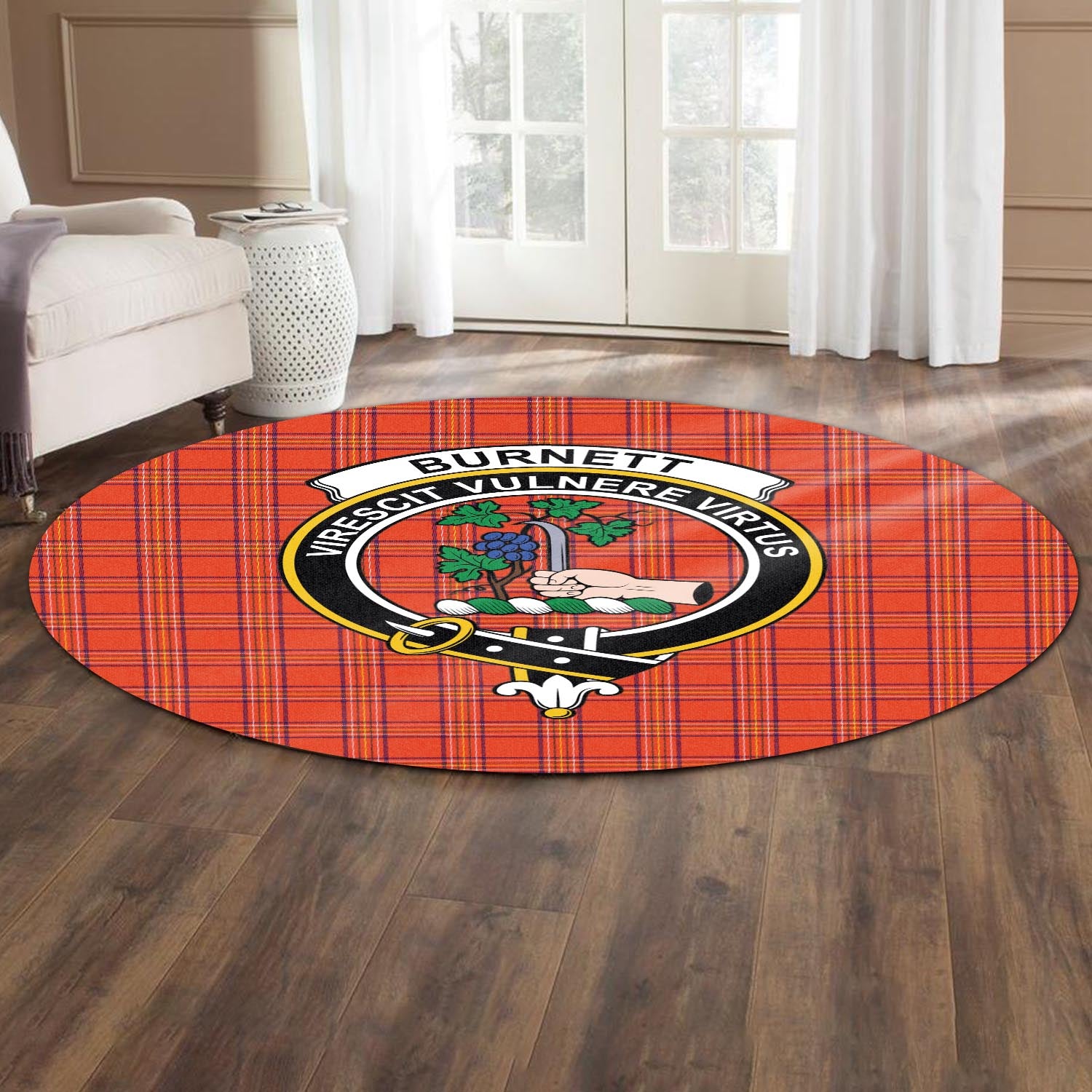 Burnett Modern Tartan Round Rug with Family Crest - Tartanvibesclothing