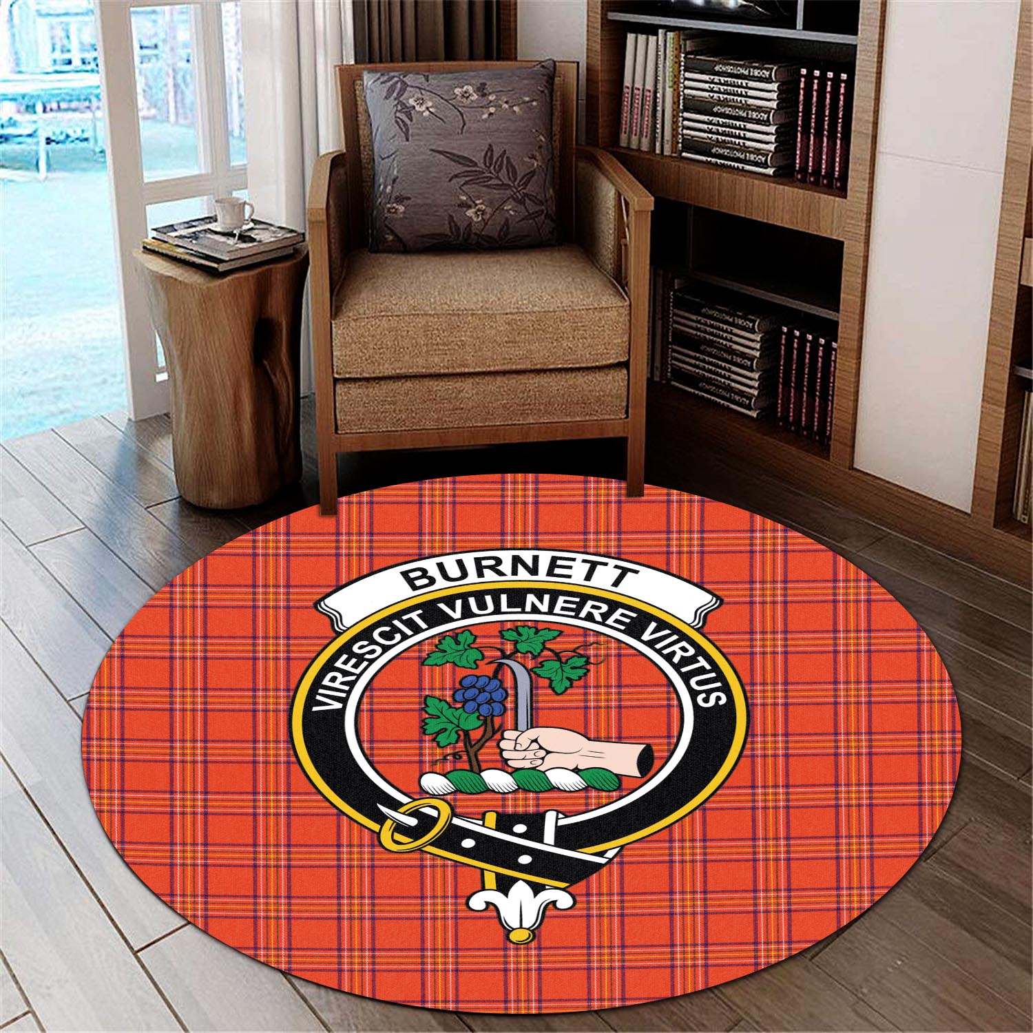 Burnett Modern Tartan Round Rug with Family Crest - Tartanvibesclothing