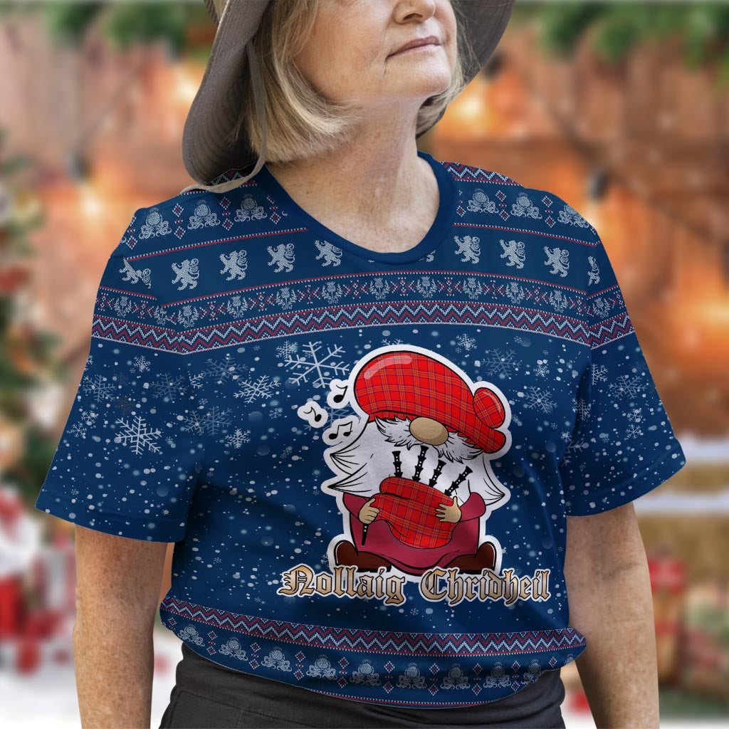 Burnett Modern Clan Christmas Family T-Shirt with Funny Gnome Playing Bagpipes Women's Shirt Blue - Tartanvibesclothing