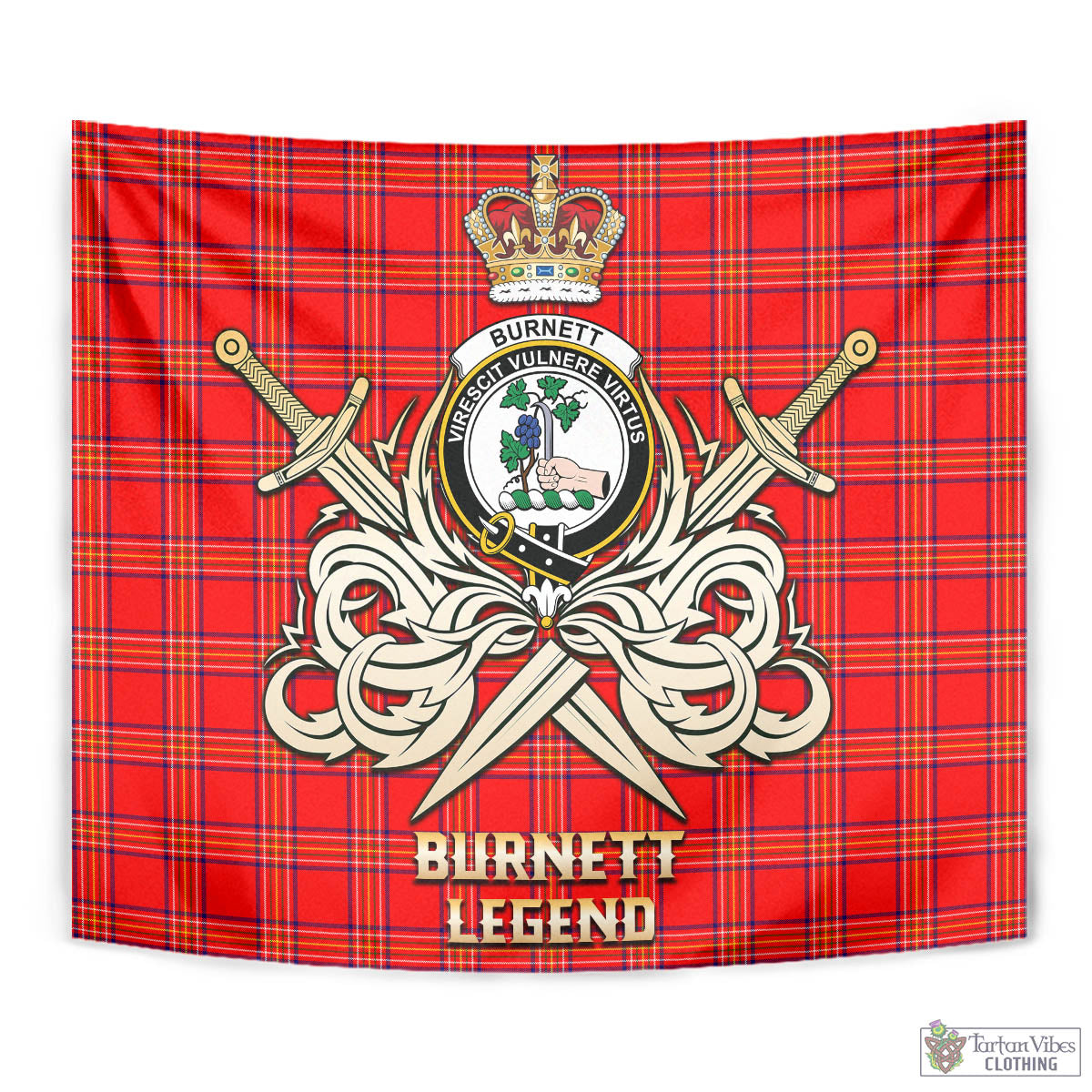 Tartan Vibes Clothing Burnett Modern Tartan Tapestry with Clan Crest and the Golden Sword of Courageous Legacy