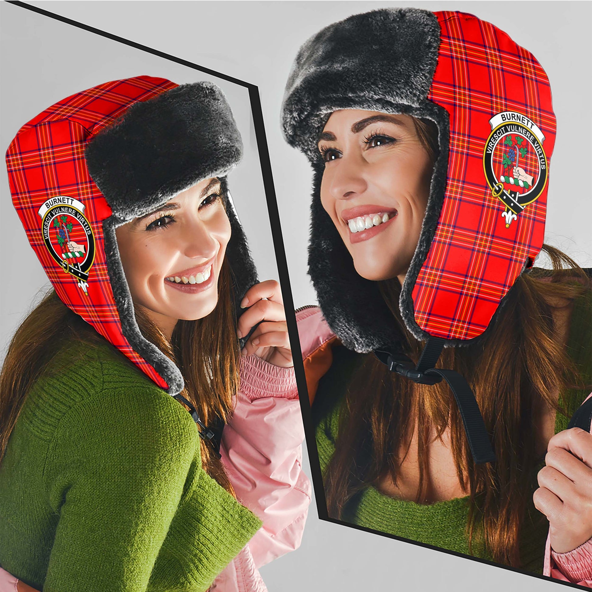 Burnett Modern Tartan Winter Trapper Hat with Family Crest - Tartanvibesclothing